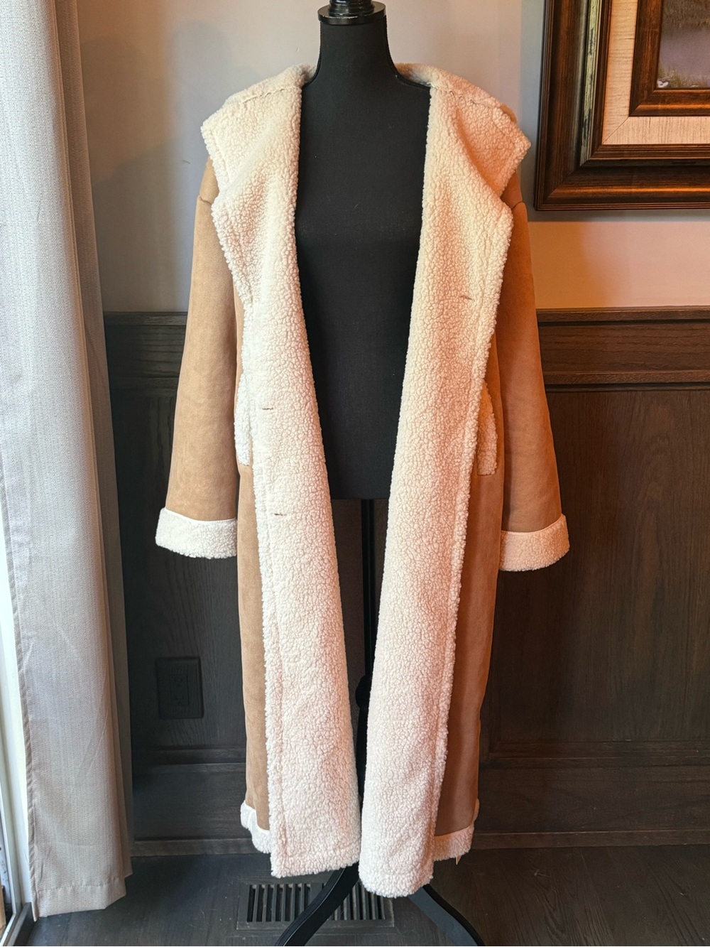 Yozy Long Double-Breasted Shearling-Trim Trench Coat in Camel NWT Medium - Picture 7 of 9